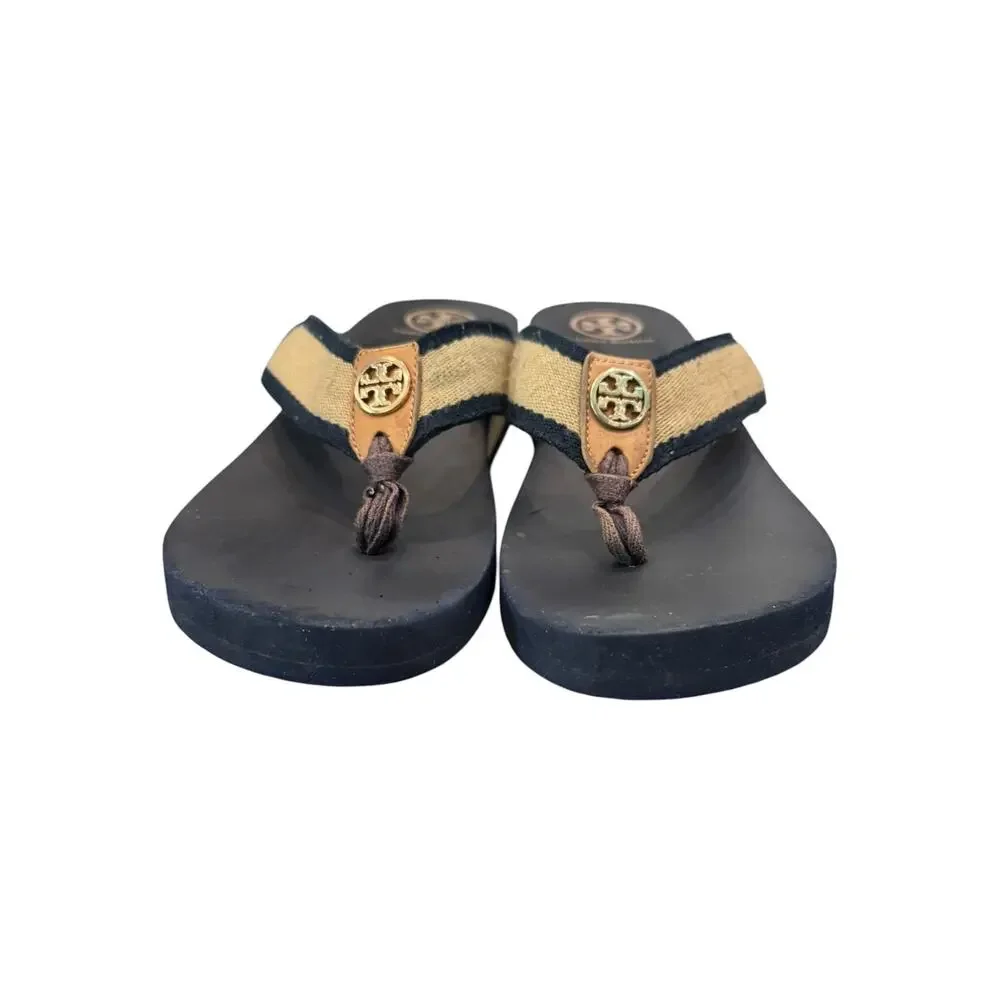 Tory Burch Frankie Wedge Flip Flop Sandals Navy Tan Women’s Sz 8